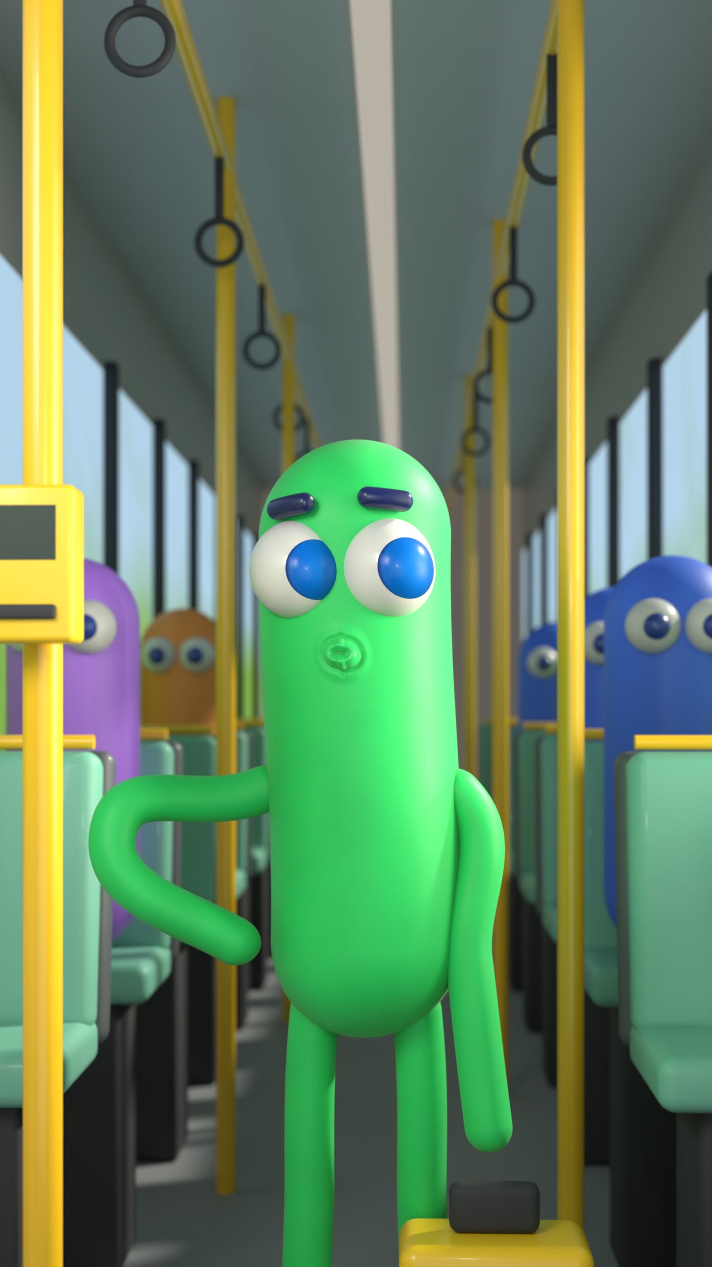 Nobody standing in the aisle of a bus, one arm on its hip, looking cool