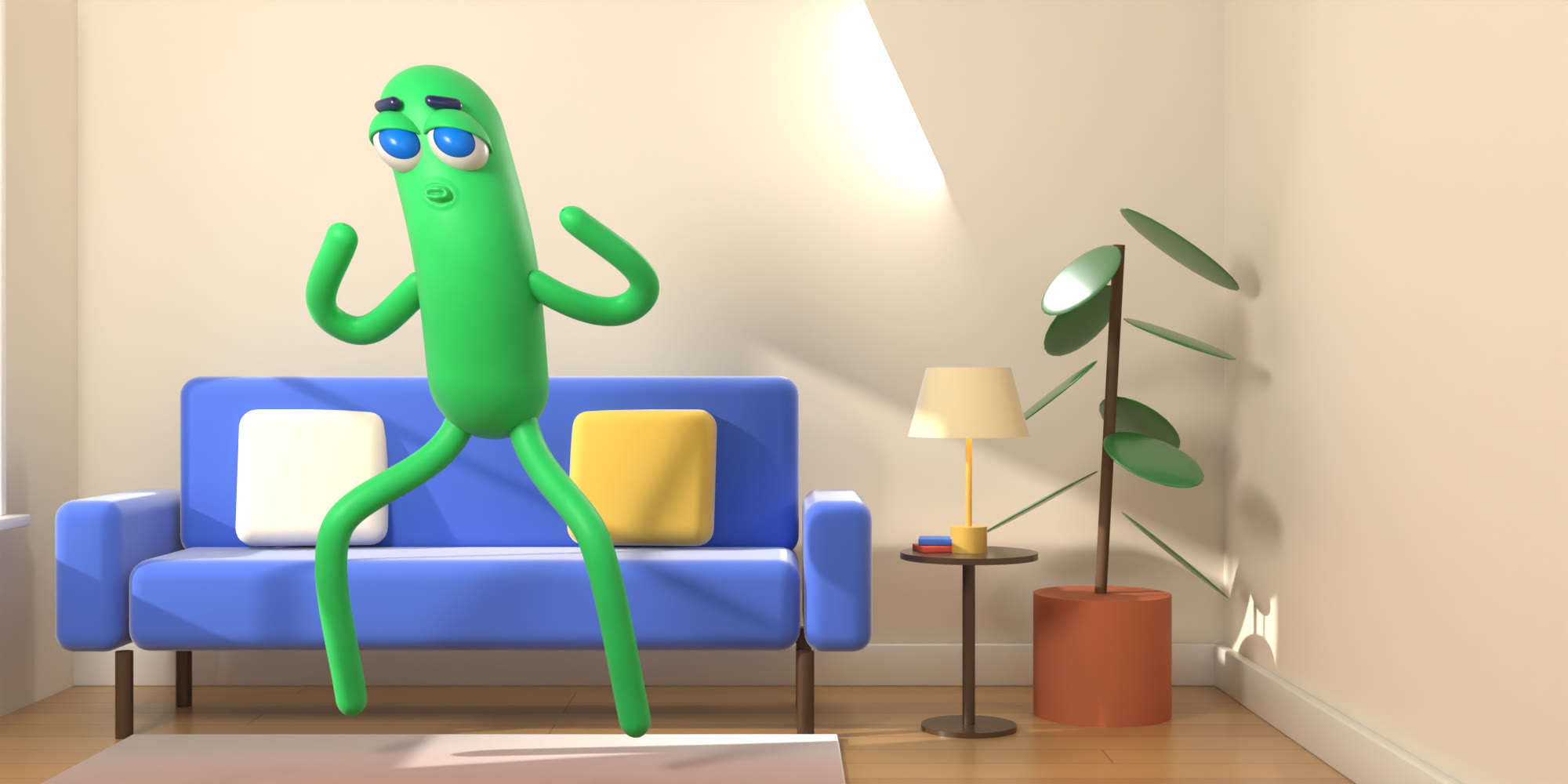 Nobody, a green sausage with big blue eyes, hopping with both arms up in a sunlit living room in front of a blue sofa